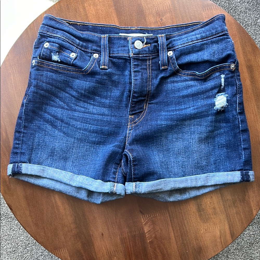 Levi's Blue Jean Shorts with Rolled Cuffs and Distressed Detail